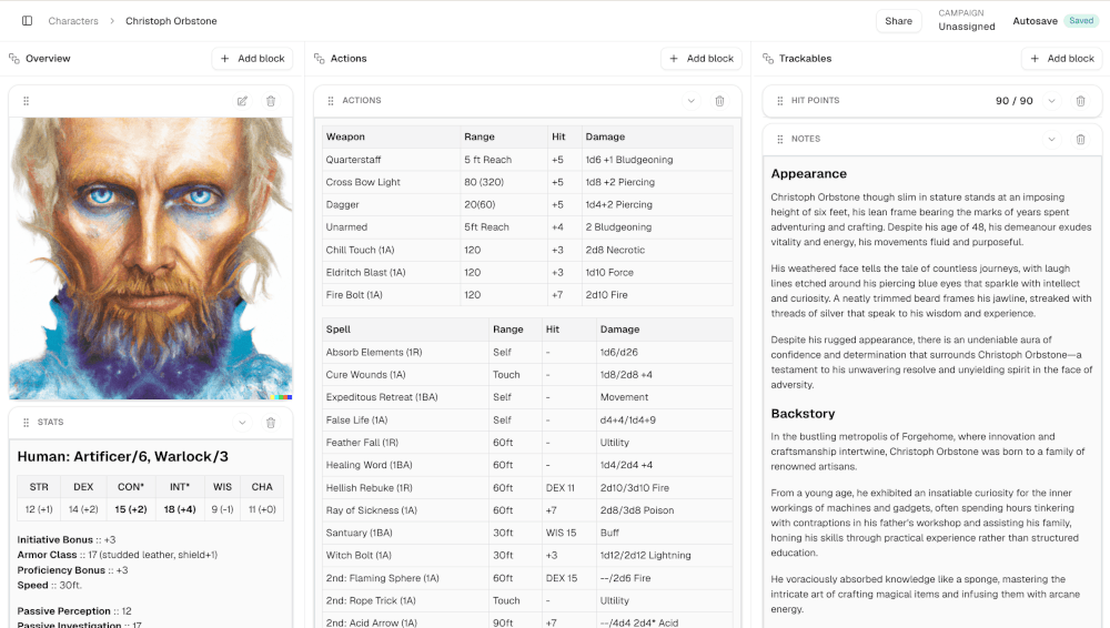 Menagerie character sheet builder screenshot